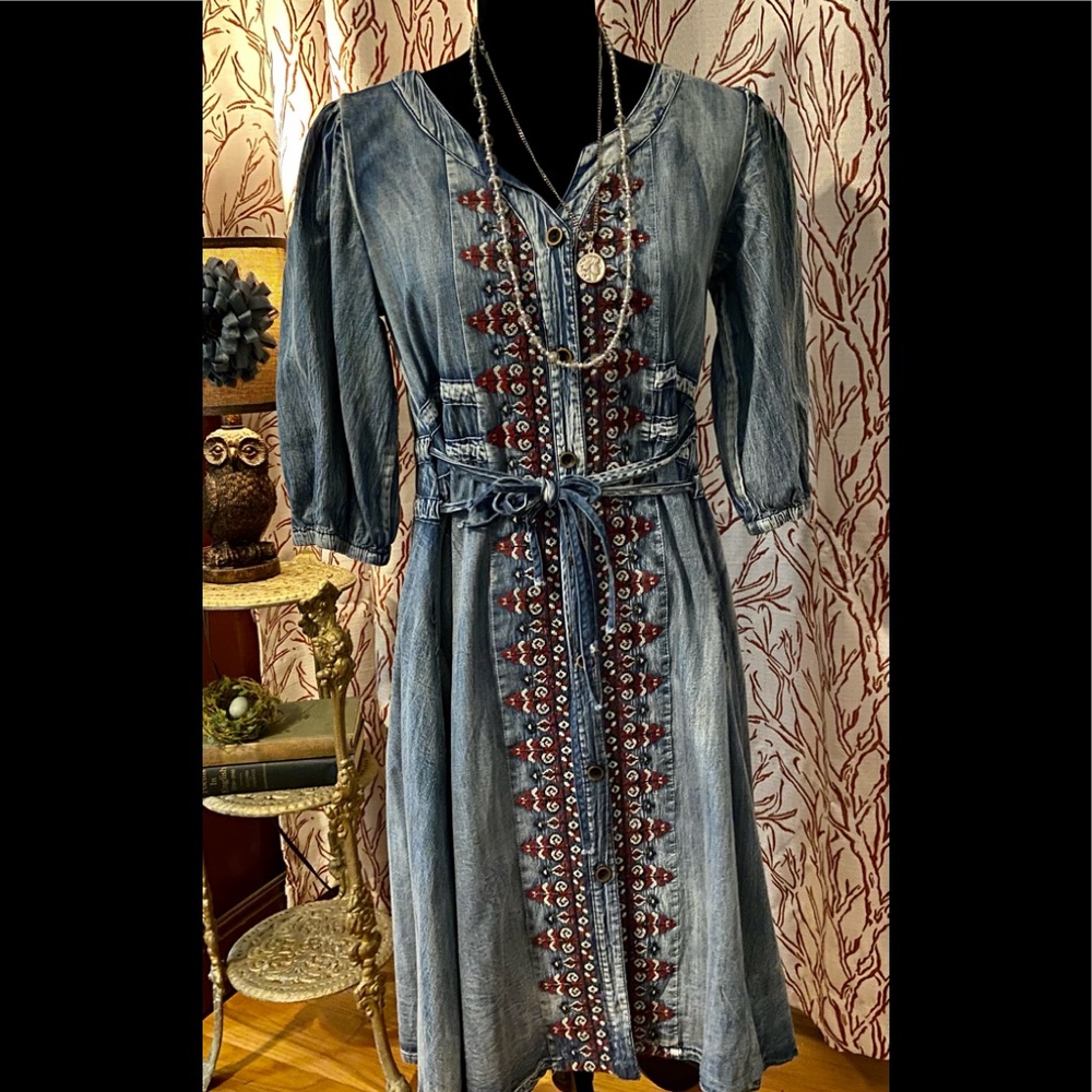 Boutique embroidered denim dress size small